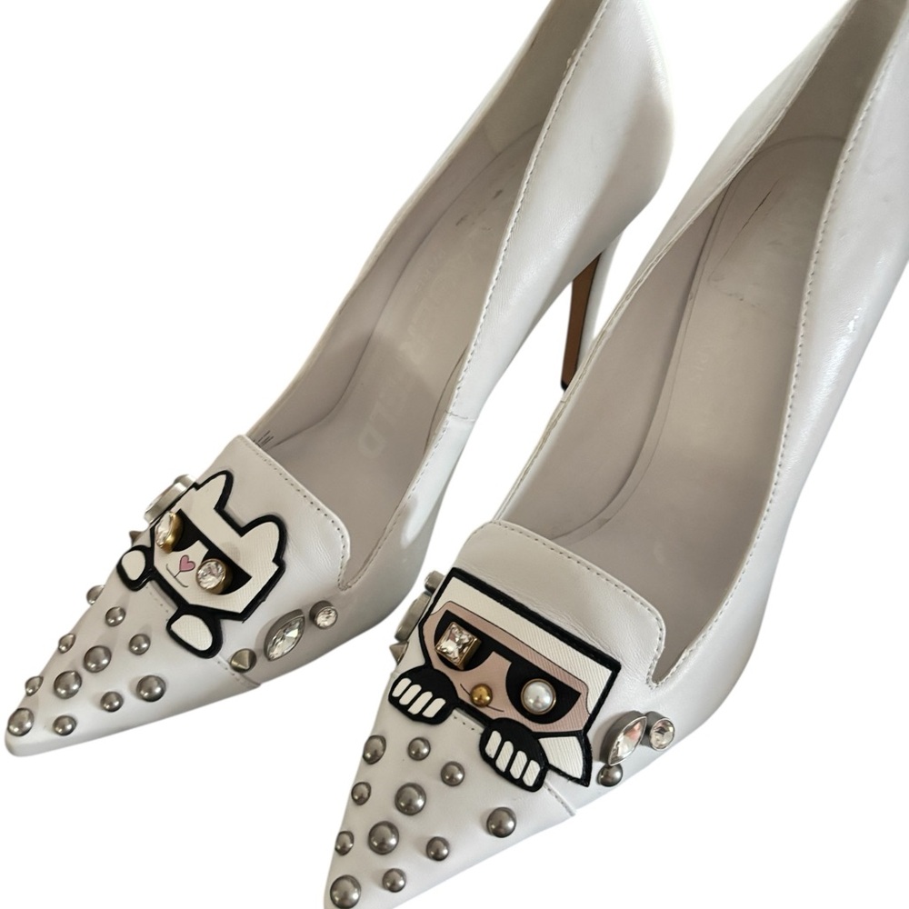Chic White Karl Lagerfeld Heels with Studded Detail no missing gems- NWT - Picture 3 of 9